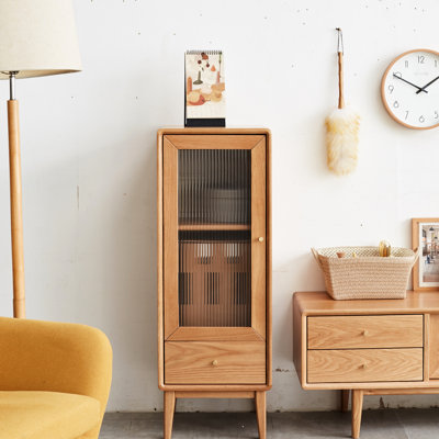 Vintage Glass Door Solid Oak Cabinetry - For Living Room, 2 Shelves, 1 Drawer & Brass Handle. Robust, Versatile Interior Design Storage Cabinet Room Decoration Corner Shelf With Antique Door, Levels,