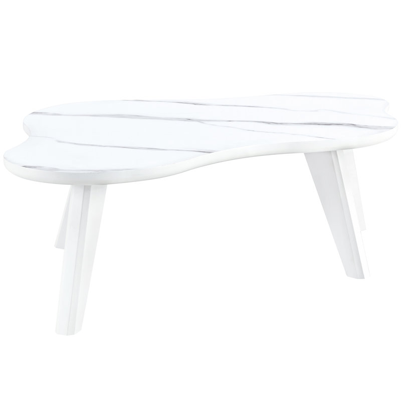 Modern White Coffee Table With Deck And Solid Wood Legs Style Rounded Edges Support, 13.95" H x 33.23" L x 48.39" W