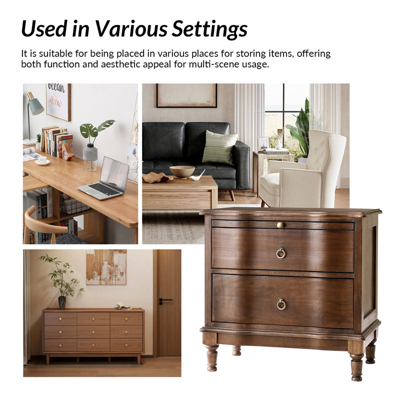 Elfine Traditional 26''W 2-Drawer Solid Wood End Table with Built-In Outlet and Curved Drawer Fronts, Walnut