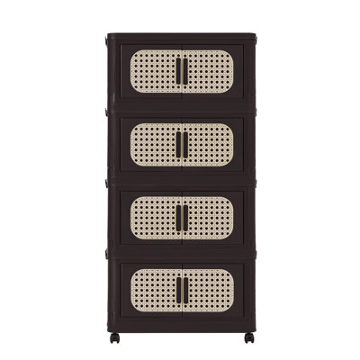 Retro Brown, 20" Side Wide Folding Storage Cabinet ,4 Tiers,19.69"×11.81"×40.55",Collapsible Storage Bins With Magnetic Door, Plastic Storage Cabinet With Wheels