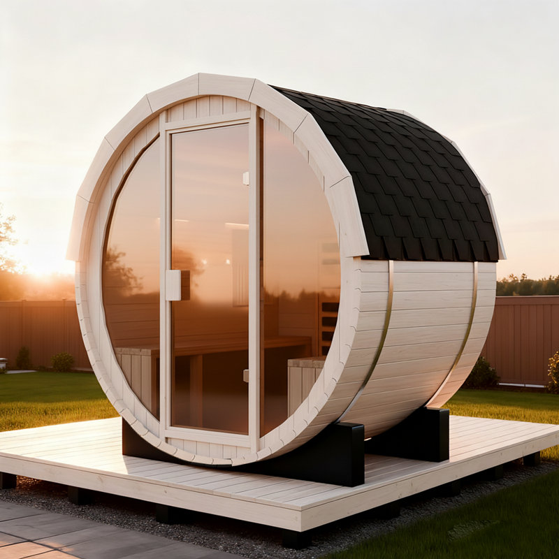 Smartmak® 3-4 Person Canadian Hemlock Wood Barrel Sauna Room | Traditional Wooden Steam Saunas with Canopy Indoor/Outdoor Use | 220V 6KW Heater, Rocks, Light Accessories Included | Relaxing Steam Spa Experience