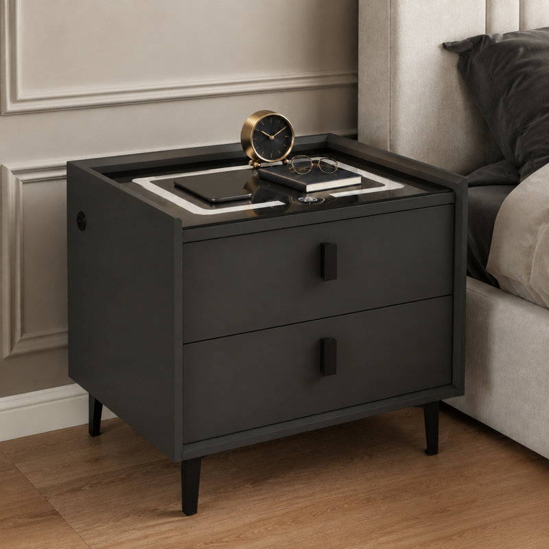 2-Drawer Modern Smart Nightstand with Wireless Charging, LED Light & Tempered Glass Tabletop, Bedside Table with USB & Type-C Ports