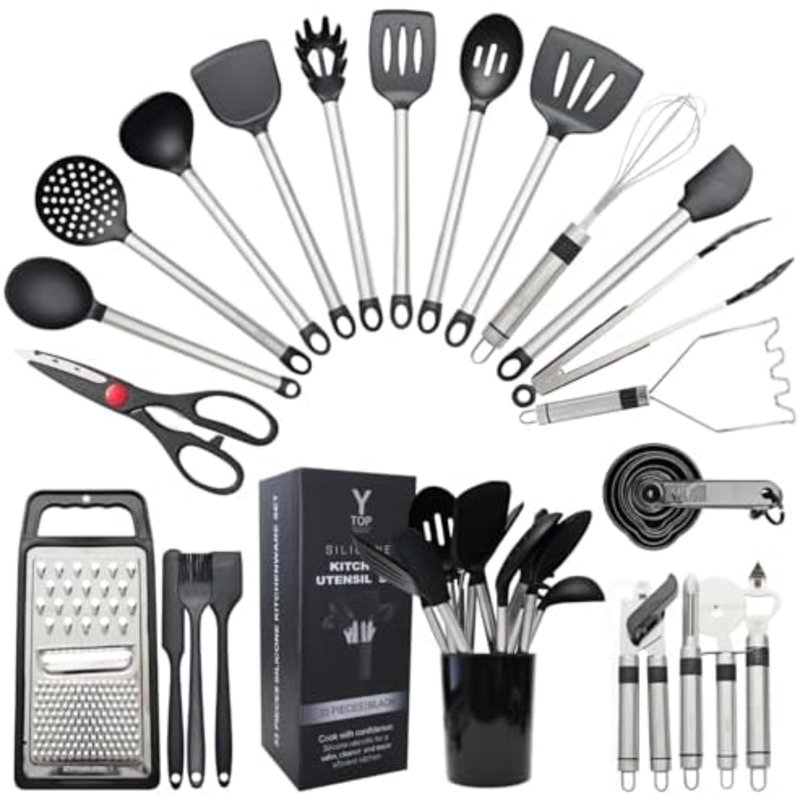 Ensemble d'ustensiles de cuisine en silicone de 33 pièces, résistants à la chaleur et de qualité alimentaire, avec manches en acier inoxydable. Sans BPA. Accessoires de cuisine avec support inclus. Compatible avec les ustensiles antiadhésifs.