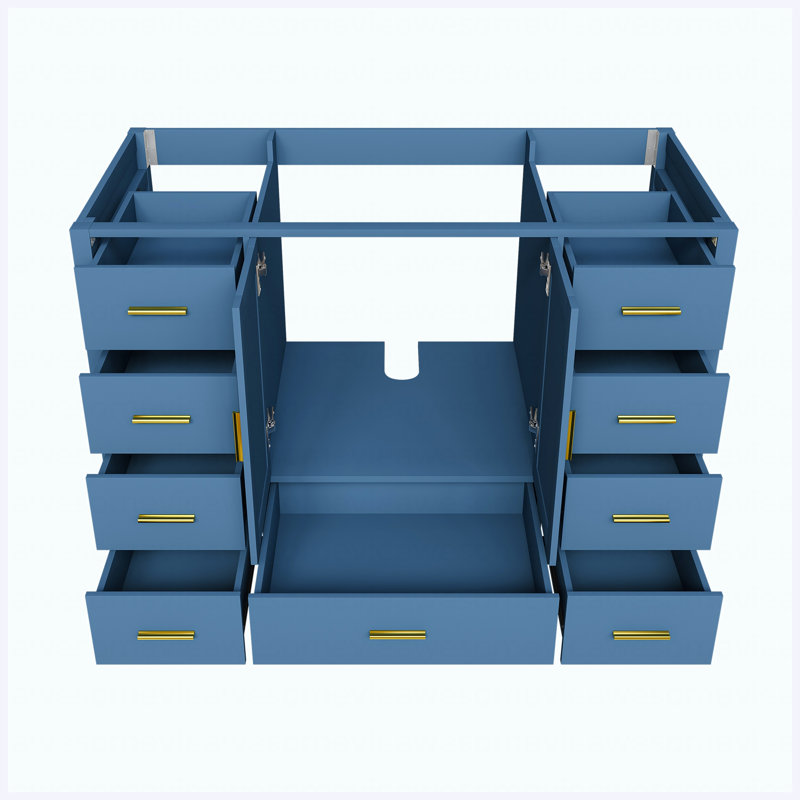 Armoire de meuble-lavabo 48 po, armoire de rangement autoportante avec 2 portes doubles à fermeture douce et 9 tiroirs coulissants pour salle de bain