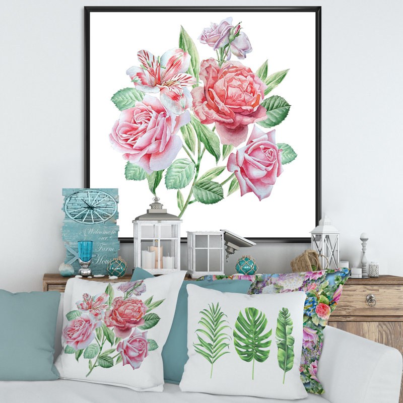 «Spring Flowers Alstroemeria Rose», peinture sur toile, Cadre flottant noir, H 16 po x l 16 po x P 1 po