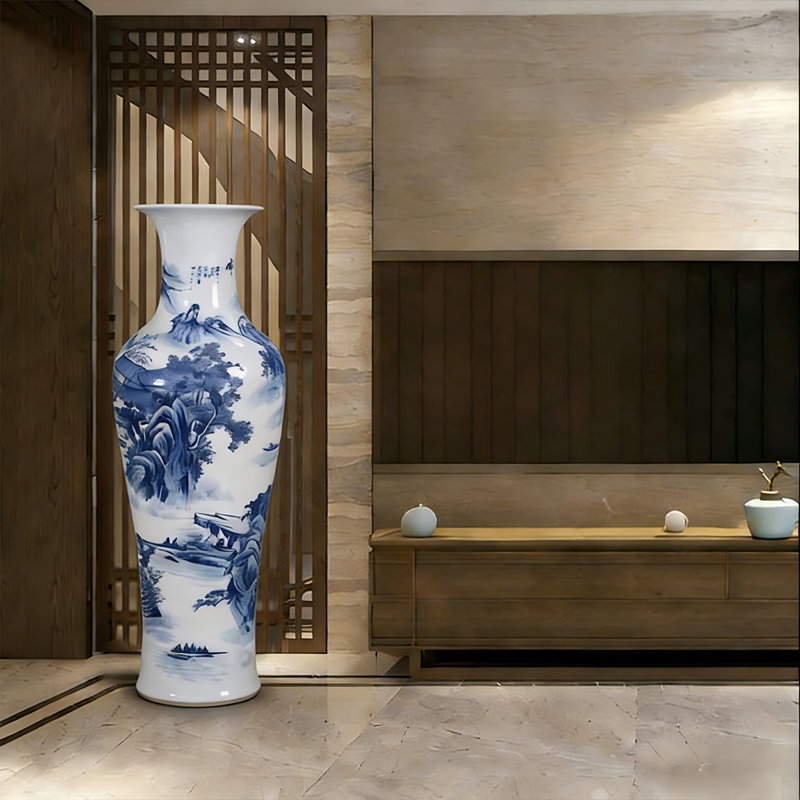 Grand vase décoratif sur pied en céramique 70,87 "peint à la main bleu et blanc Jingdezhen