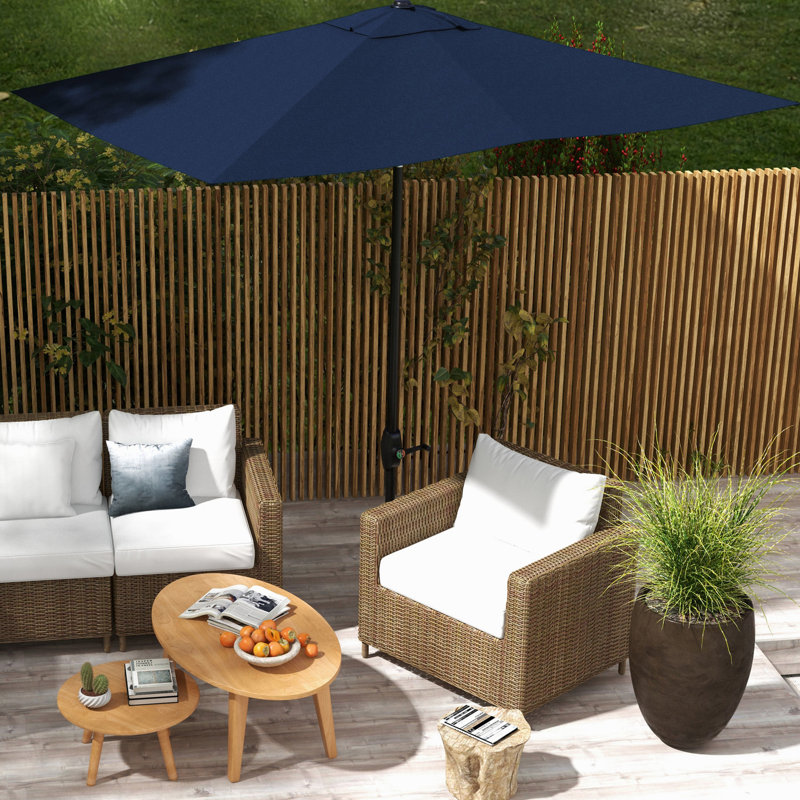 Parasol de patio bleu de 6,5 pi x 10 pi, grand parasol de table d'extérieur avec manivelle, fonction d'inclinaison et couverture réglable de plus de 50 ans