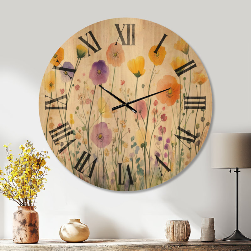 Horloge murale surdimensionnée en bois de fleurs sauvages - Fleurs de prairie en été, Surdimensionné