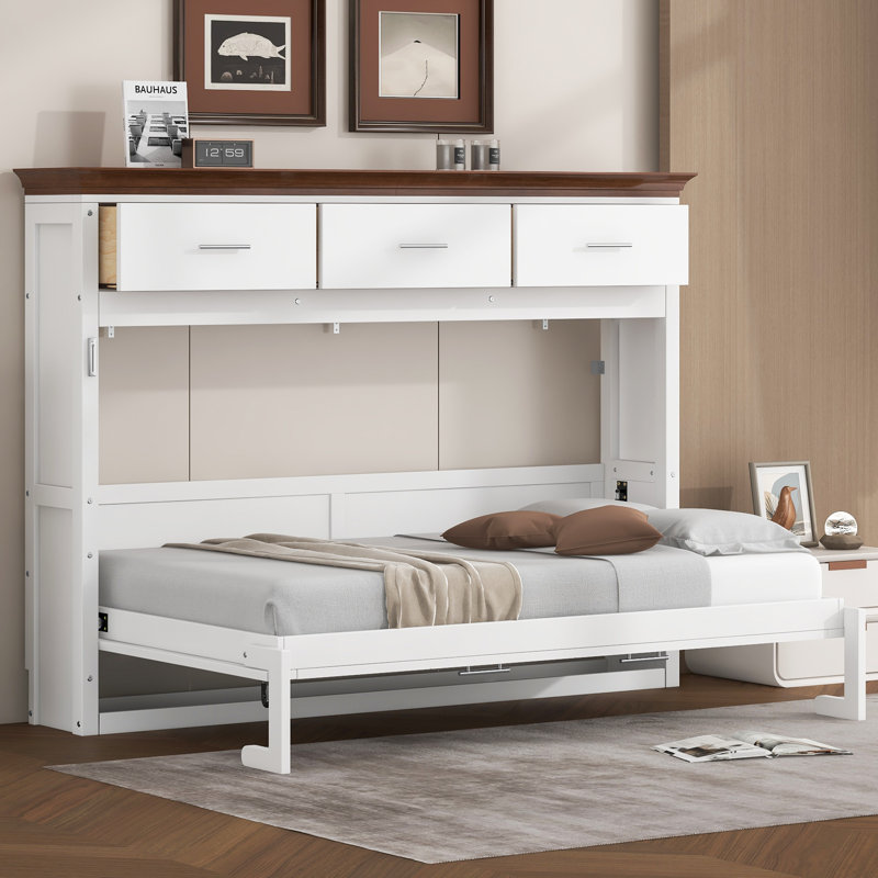 Lit escamotable simple avec 3 tiroirs et tablette ouverte, lit mural peu encombrant avec rangement, blanc