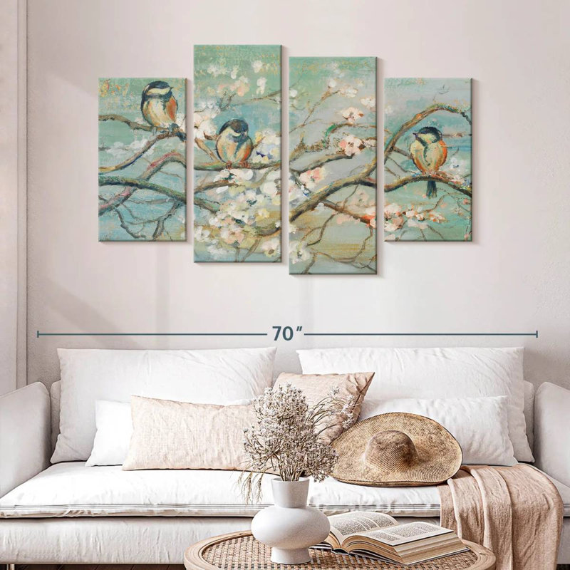 Branche de printemps Brampt avec oiseaux, H 32 po x l 52 po
