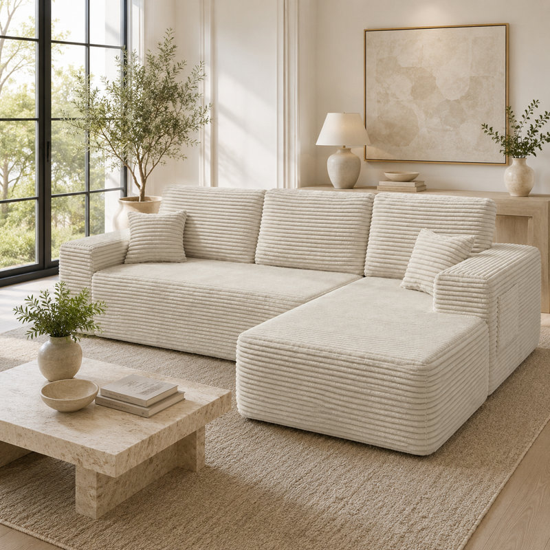 Canapé d'angle modulaire en forme de L Beige-Right Cloud 105 po avec méridienne et poches latérales, canapé profond rembourré en tissu pelucheux, aucun assemblage requis pour le salon et la chambre à coucher