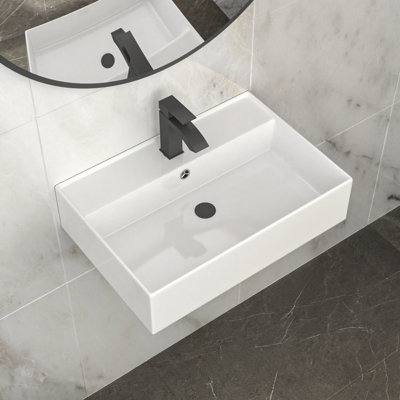 24"X16" White Ceramic Rectangular Wall Mounted Bathroom Sink With Faucet Hole And Overflow