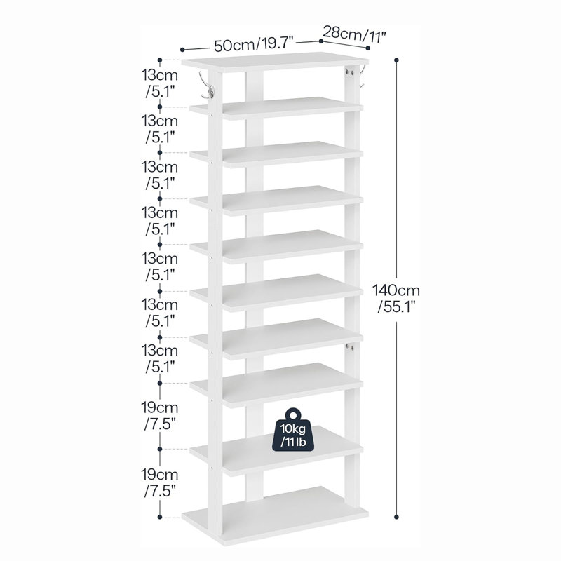 Étagère à chaussures en bois avec crochets Narrow 10 - Tiers, Blanc