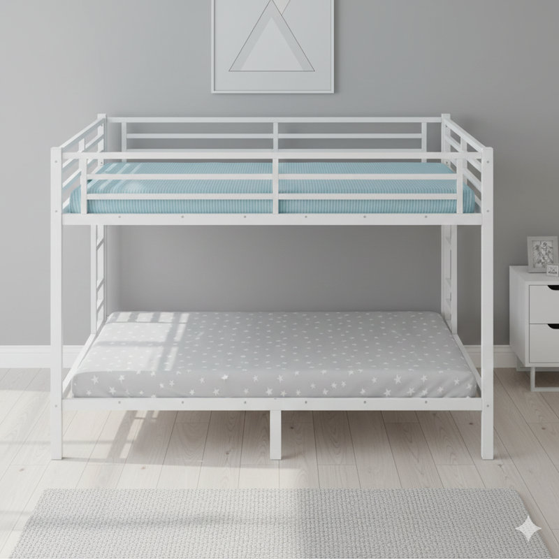Lit superposé en métal conçu pour deux grands lits, conçu pour les adolescents et les adultes. Peu encombrant, doté d'une technologie de réduction du bruit et ne nécessitant pas de sommier. Finition blanche.