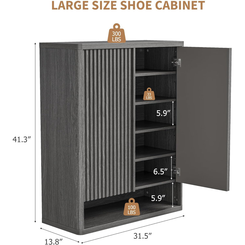 Fluted Door Shoe Cabinet, Wooden Storage Organizer with Adjustable Shelves, Gray