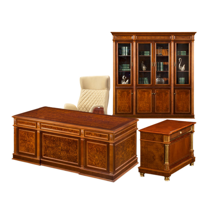 4 Piece Solid Wood Configurable Executive Desk Office Set with Chair Bookcase