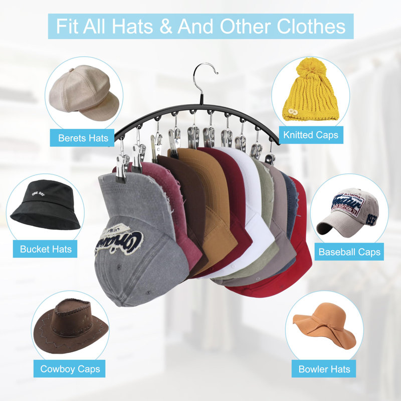 Hat Hangers for Closet, Metal 2 Pack Hat Organizer Holder for Hanger Closet Display, Hat Racks for Baseball Caps w/10 Clips, Hat Holder for Ball Caps & Accessories, Black