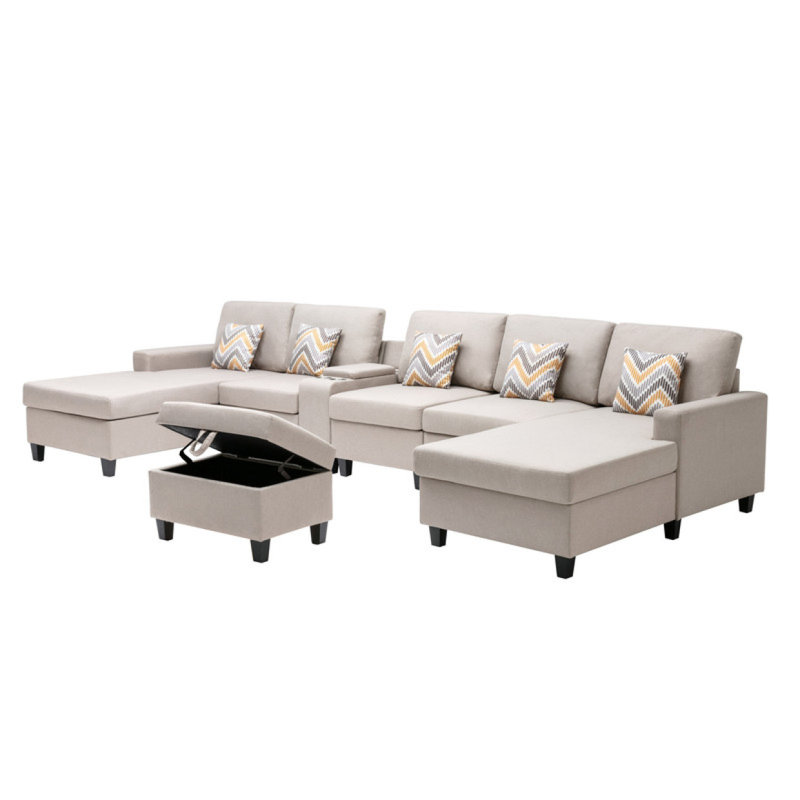 Canapé modulaire à méridienne double 7 pièces en tissu lin avec pattes interchangeables, repose-pieds, oreillers et USB