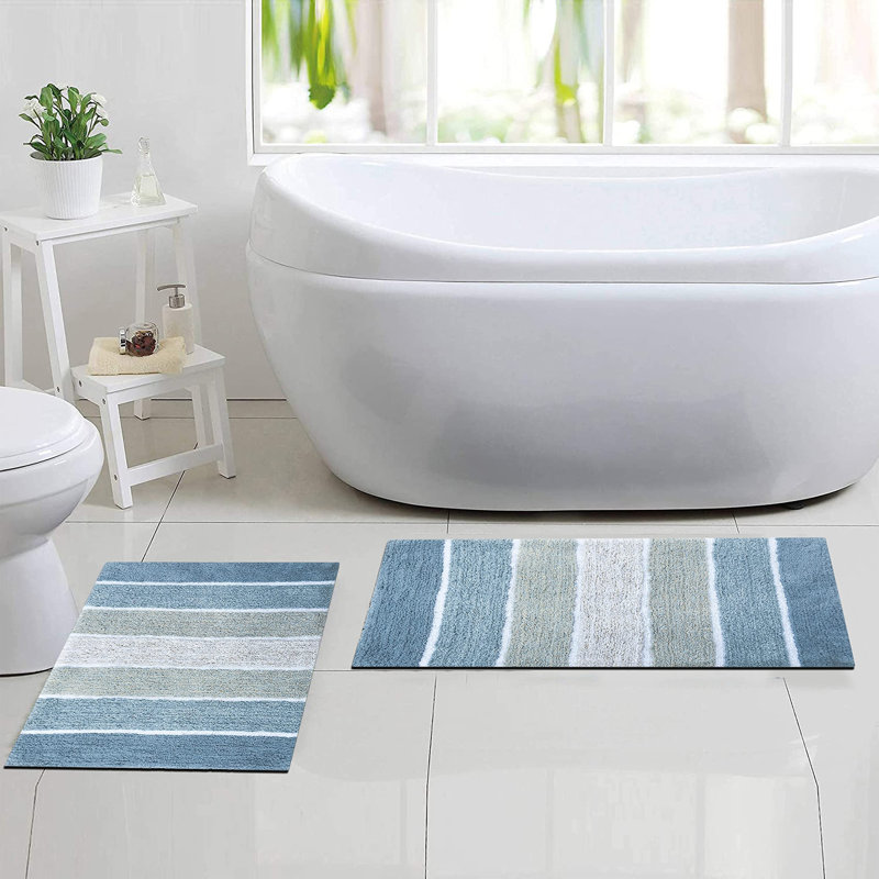 Ensemble de 2 tapis de bain à rayures antidérapants 100% coton Cervantes, Bleu, Grand