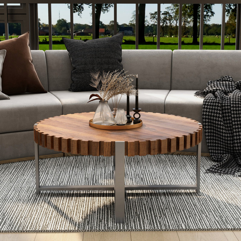 Table basse moderne en forme de tambour à grain de bois, base robuste, design multifonctionnel et peu encombrant pour les salons