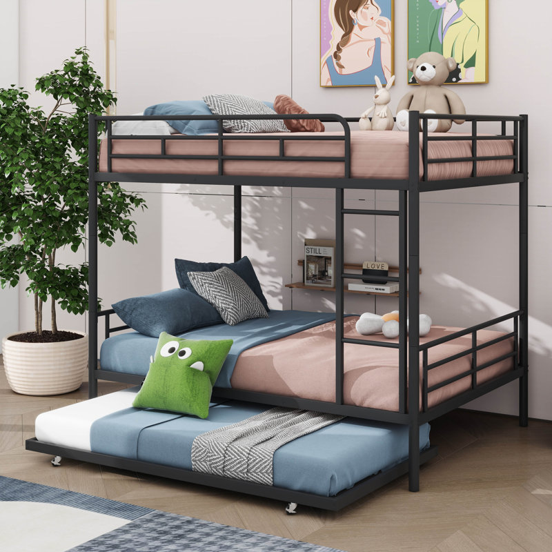 Anastazia Kids Bunk Bed with Trundle, Black, Full Over Full