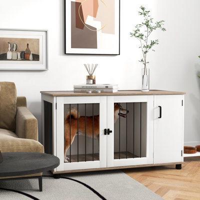 Meuble de cage pour chien avec rangement latéral, portes doubles, noyer, pour armoire de chenil en noyer pour chiens de taille moyenne et grande et points de sortie