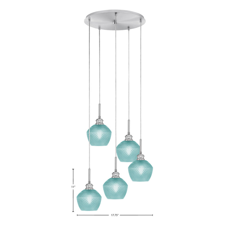 Edge 5 Light Cluster Pendalier With 6" Glass, Brushed Nickel, Turquoise Textured