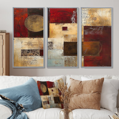 Golden Moon Cubist Abstract Faded Red - Geometric Wall Art Decor Set