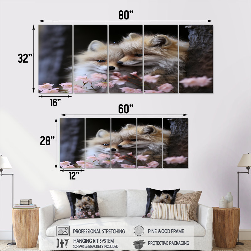 «Springtime Fox S Gaze I», art mural sur toile 5 pièces, H 28 po x l 60 po