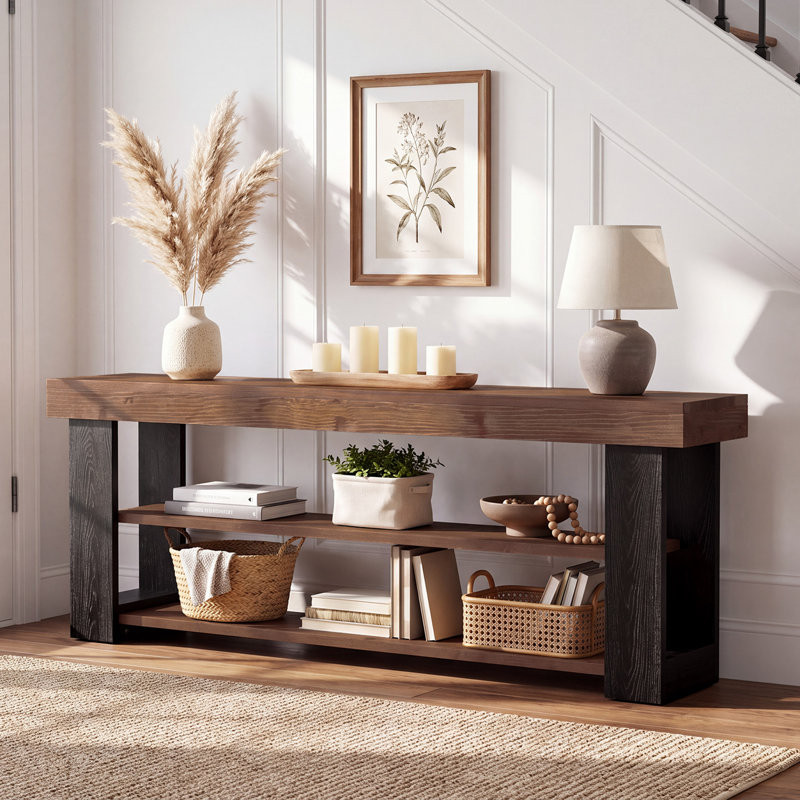 Console basse 63 "en bois massif avec tablettes de rangement ouvertes