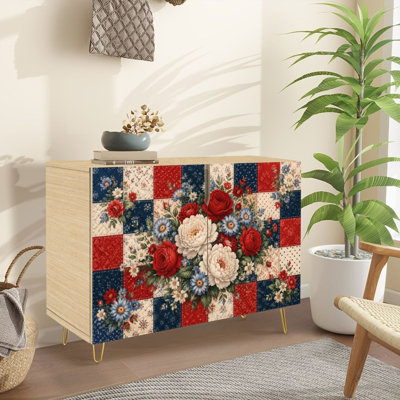 Sideboard Buffet Cabinet with Storage Red White Blue Floral Patchwork Stars Decorative Blooms with 2 Doors for Living Room and Kitchen