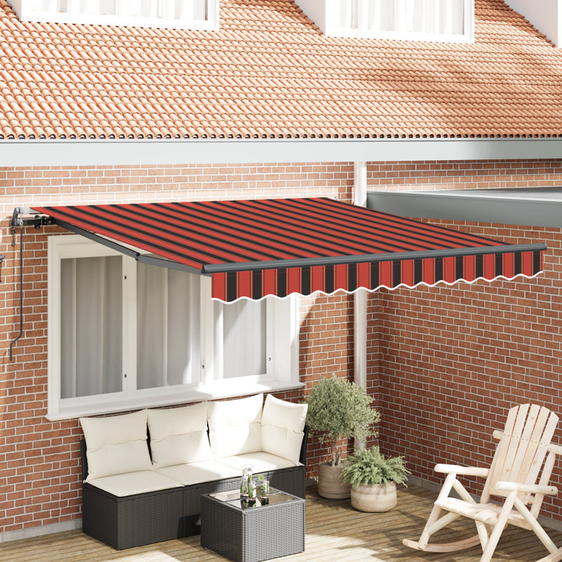Ebern Designs Retractable Patio Awning, Orange/Brown/Grey Striped, 300 cm W x 250 cm D