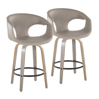 Fixed-Height Counter Stool With Swivel In Light  Wood And Light  Faux Leather With Round  Metal Footrest - Set Of 2