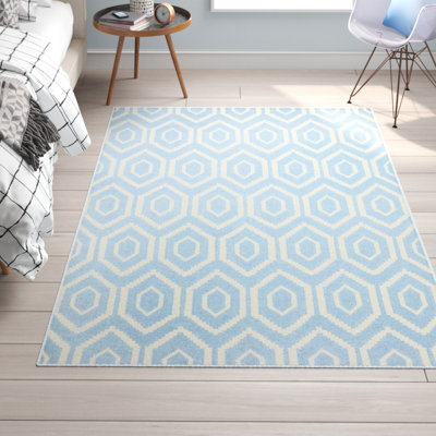 Dhurries Hand Woven Flat Weave Wool/Cotton Geometric Rug in Ivory/Blue