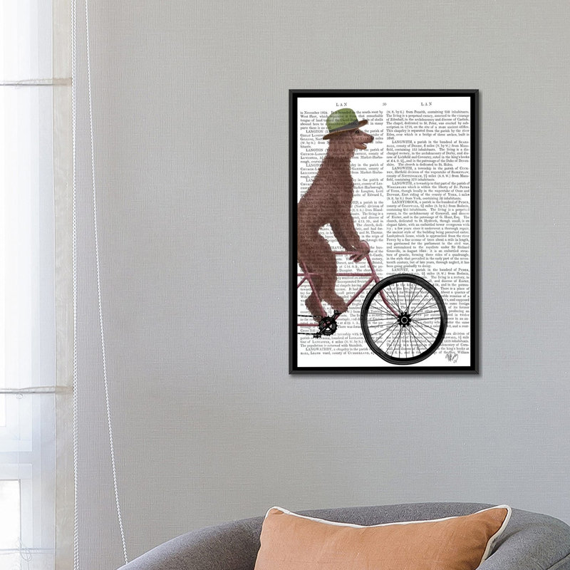 Caniche sur un vélo, brun, impression par Fab Funky - Estampe numérique sur toile tendue avec châssis, Toile avec cadre noir