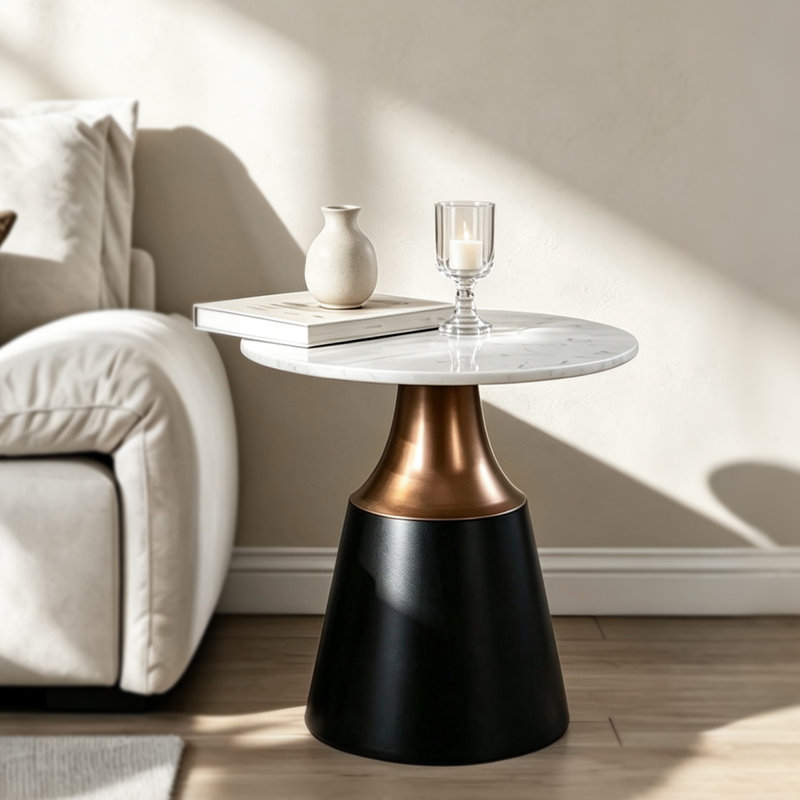 Table de bout ronde avec plateau en marbre blanc et noir