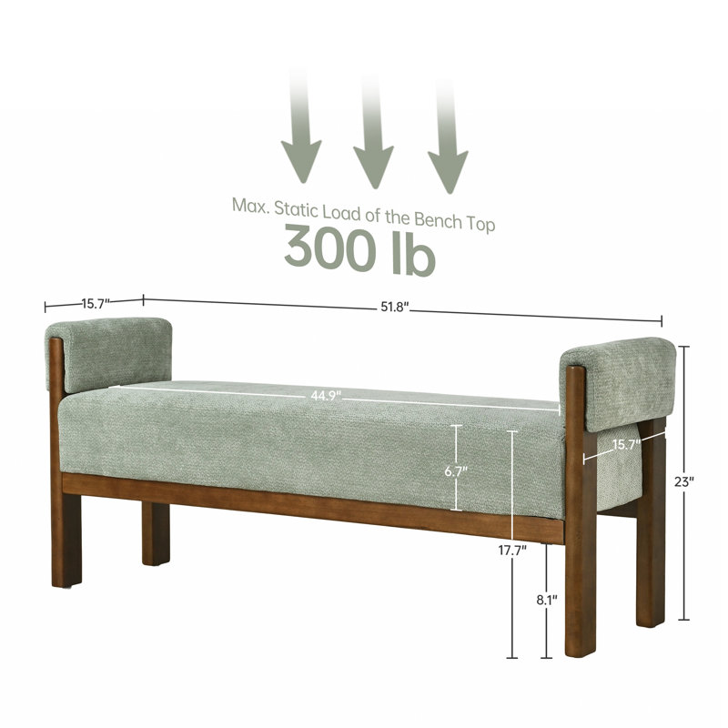 Modern Boucle Upholstered Bench Bed End Ottoman, Light Green Chenille