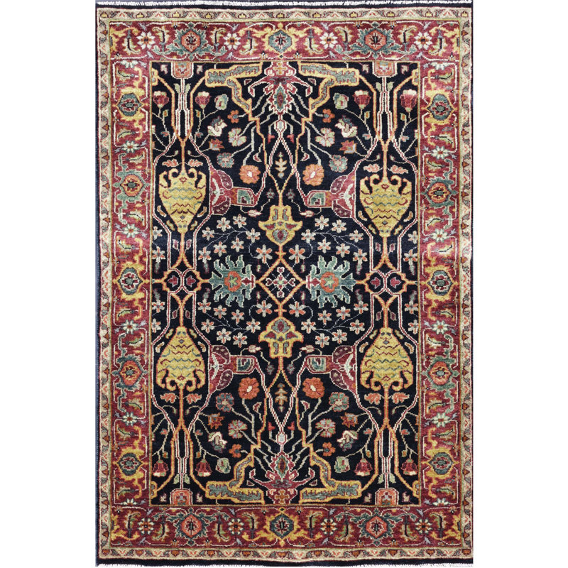 Wool Oriental Area Rug in Blue/Red/Beige/Gold, Rectangle 4' x 6'