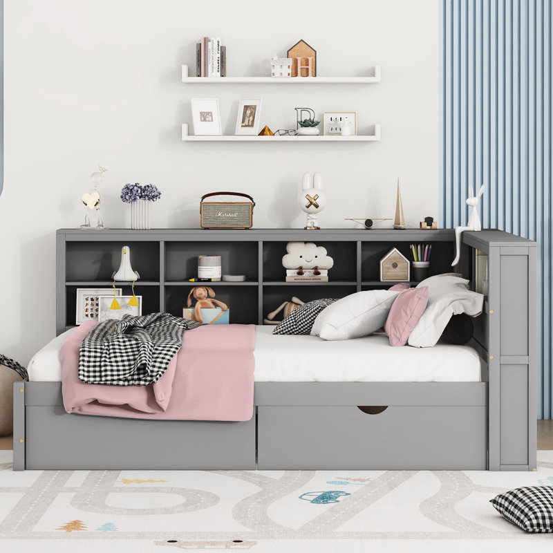Lit de jour en bois avec 2 tiroirs, Gris, Complet/Double