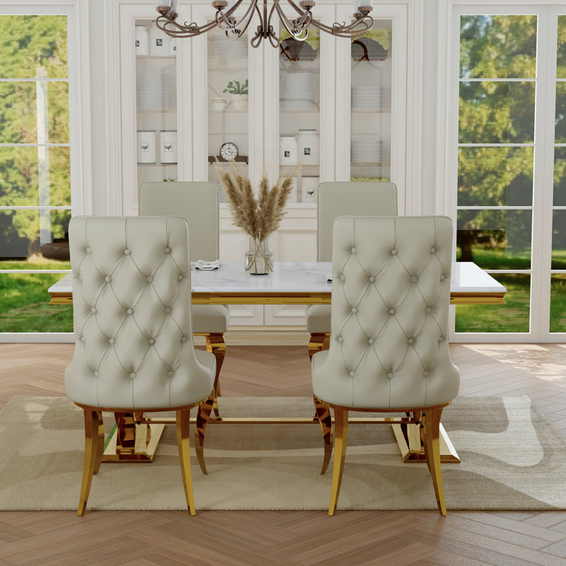 White Leather And Gold Button Dining Chairs With Metal Legs Set Of 4
