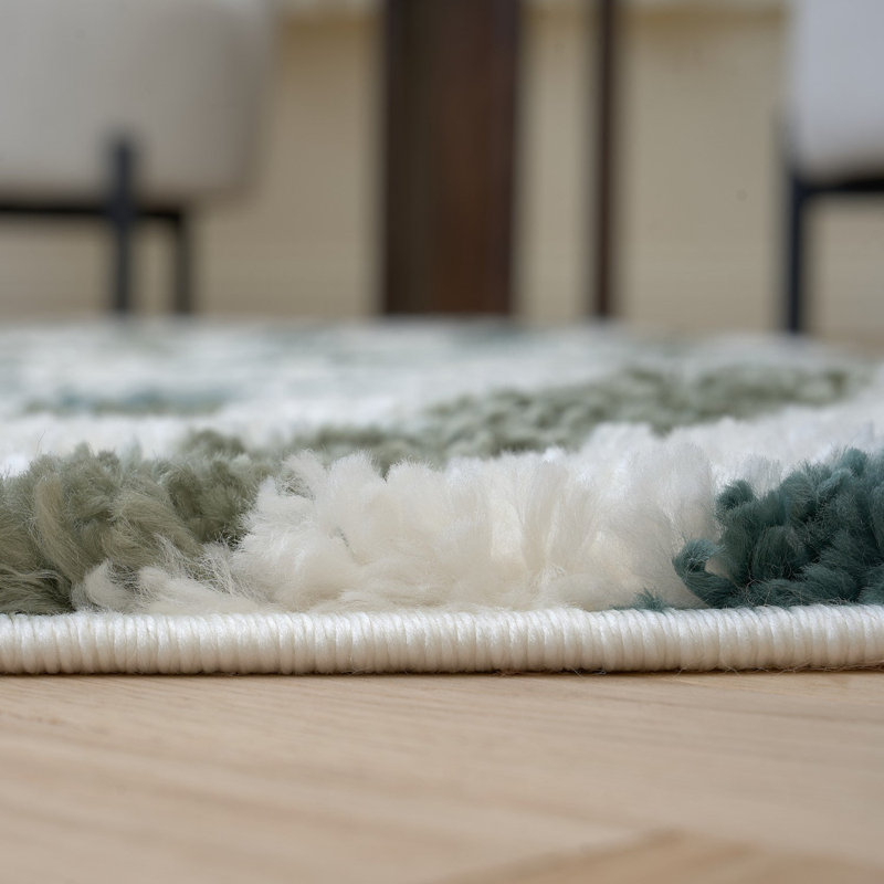 Moodi Modern Shaggy Area Rug Abstract Wavy Line Design, Runner 80 x 300 cm, Off-White/Green