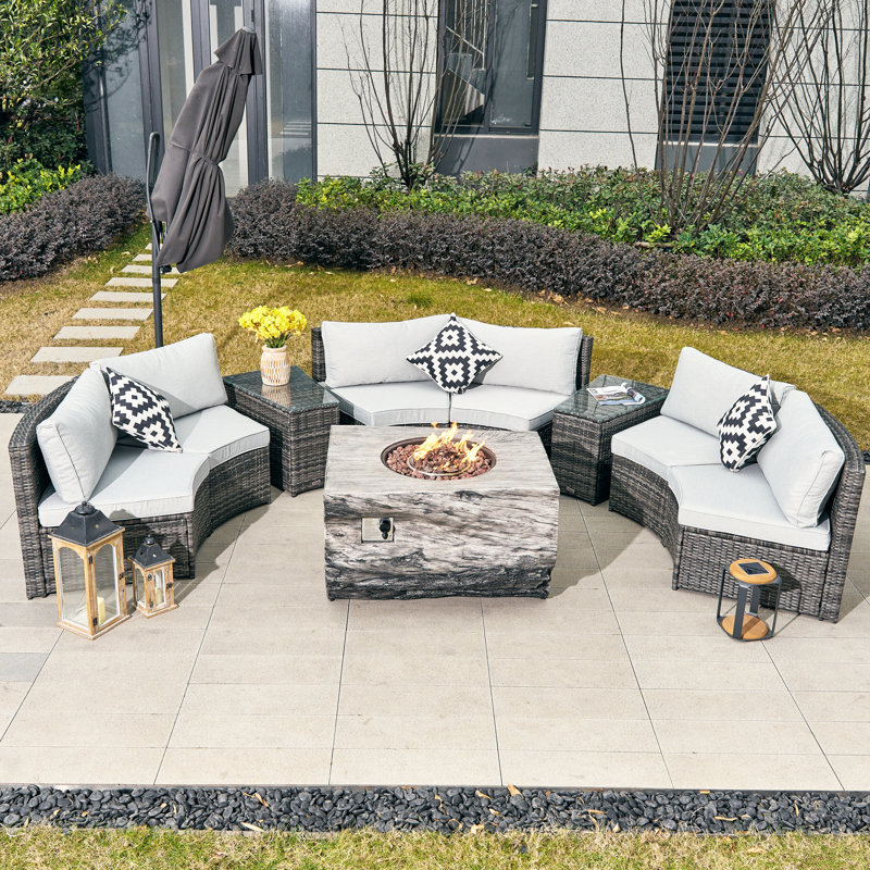 Billington 6 - Person Outdoor Steel Wicker Fire Pit Conversation Set - Gray