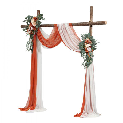 Artificial Wedding Arch Flowers Kit, Orange Wedding Arch Flowers with Drapes Kit (Pack of 4) - 2 Pcs Floral Arrangement, 2 Pcs Sheer Drapes