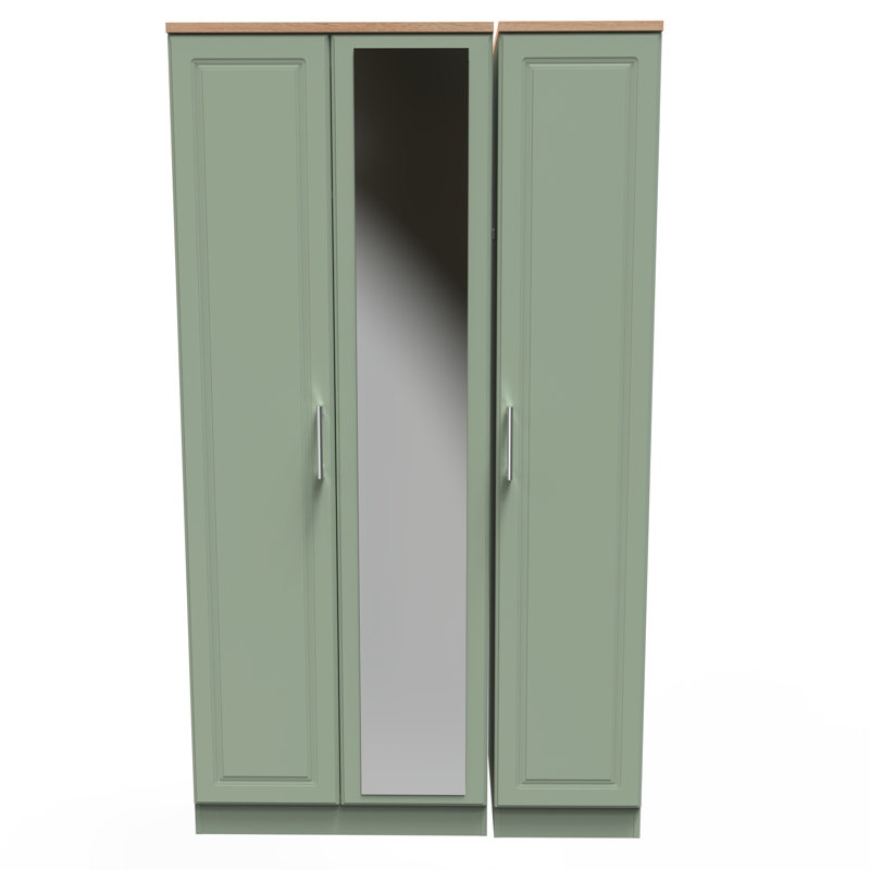 Aalysia Tall Triple Mirror Wardrobe , 196" H x 111" W x 53" D, Reed Green/Bardolino Oak
