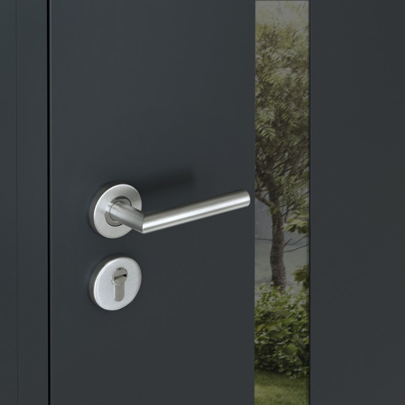 Front Exterior Prehung Steel Door / Cynex 6777 Black / Stainless Inserts Single Modern Painted-W36" x H80"-Left-hand Inswing