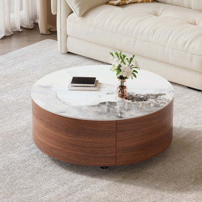 Table basse ronde et mobile avec roulettes, 2 tiroirs