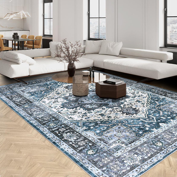 Machine Washable Rugs Vintage Oriental Floral Non-Slip Low Pile Rubber Backing Indoor Area Rug for Living Room Bedroom Kitchen Dining Room