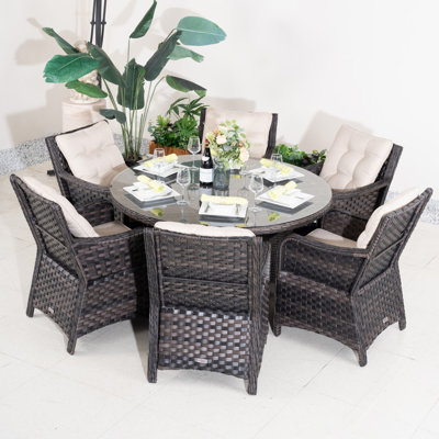Edford 6-Person Wicker Patio Dining Set With Rectangular Table, Cushions Included