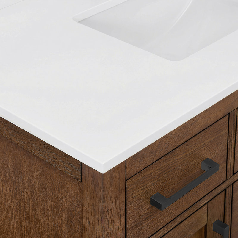 Beckett TK 84'' Free Standing Double Bathroom Vanity with Top, Dark Oak, Matte Black, White Quartz