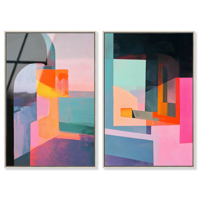 «Color Blocks Duo», reproduction d'art encadrée, affiche d'art moderne par Art Remedy, cadre argenté, 16 x 24